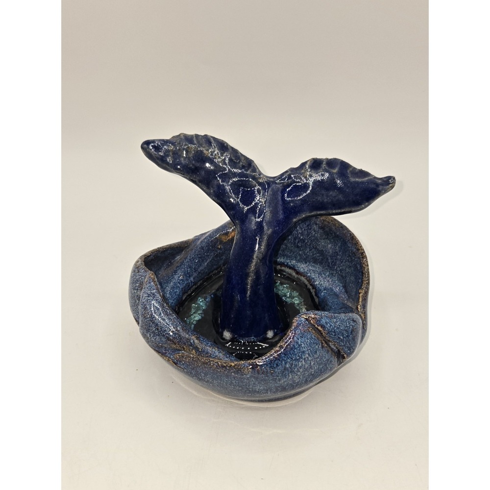 Studio Pottery Whale Tail Ring Holder Crystalline Glaze Blue Coastal Decor 2017